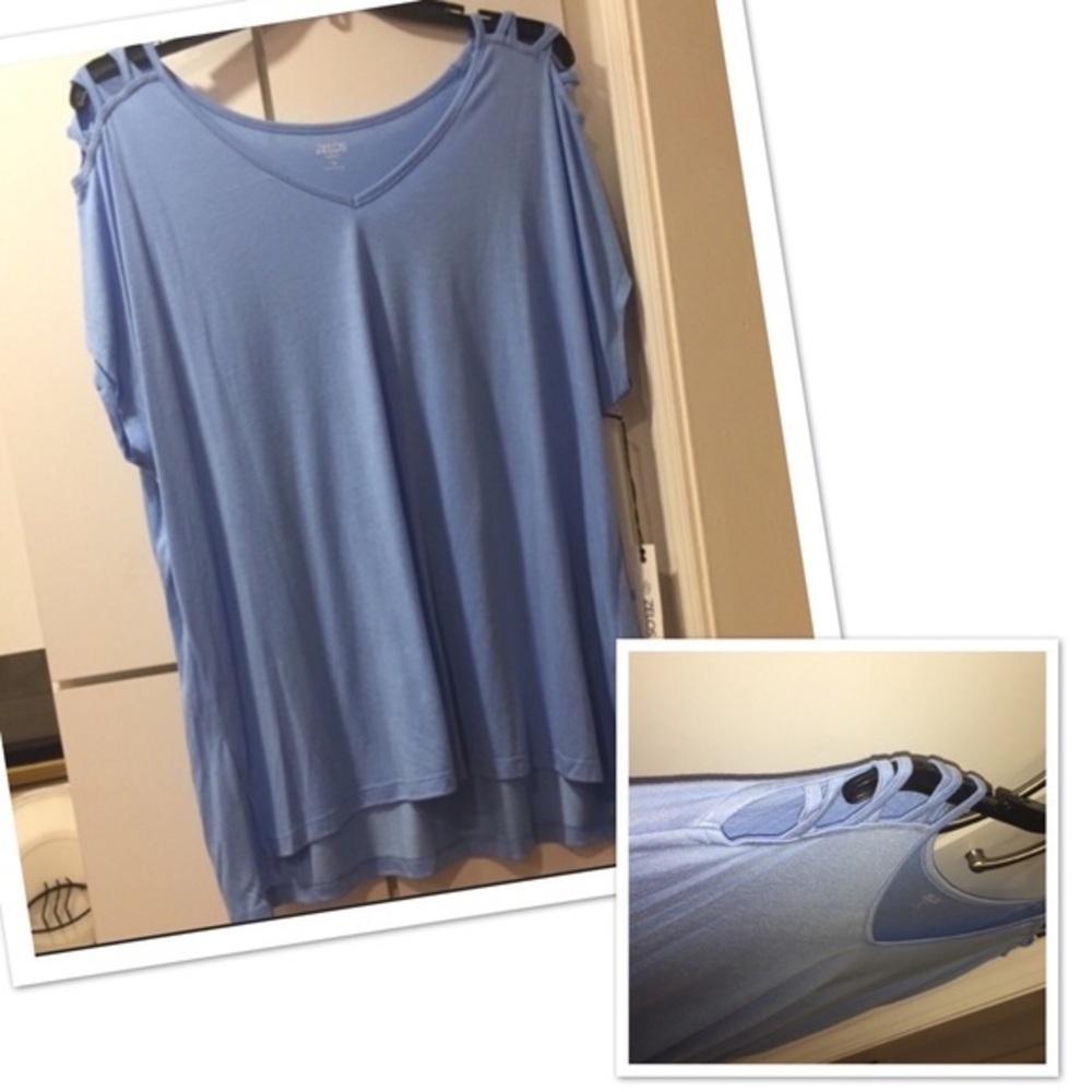 Zelos Long Sleeve V Neck Top  with open shoulder Activewear- Light blue - 1X